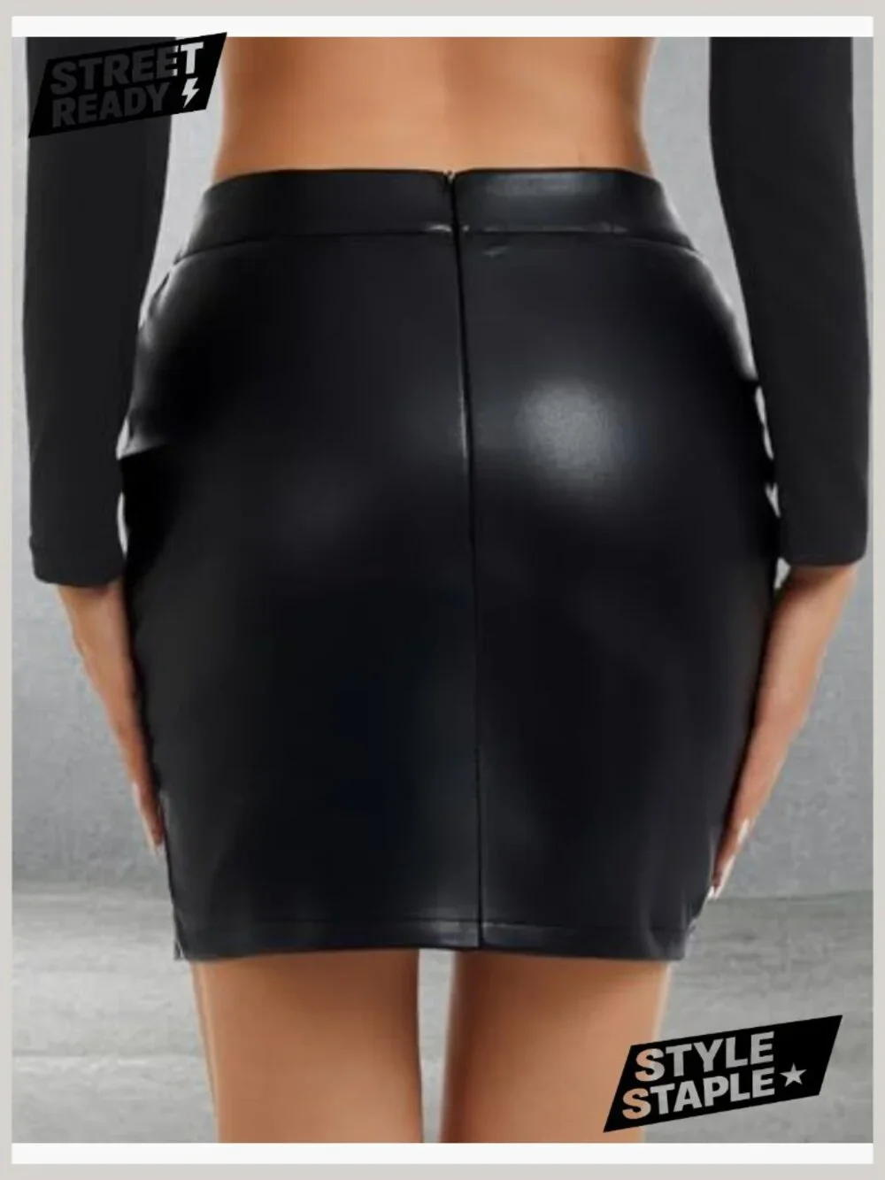 High Waist Faux Leather Mini Skirt with Shorts Side Slit Bodycon